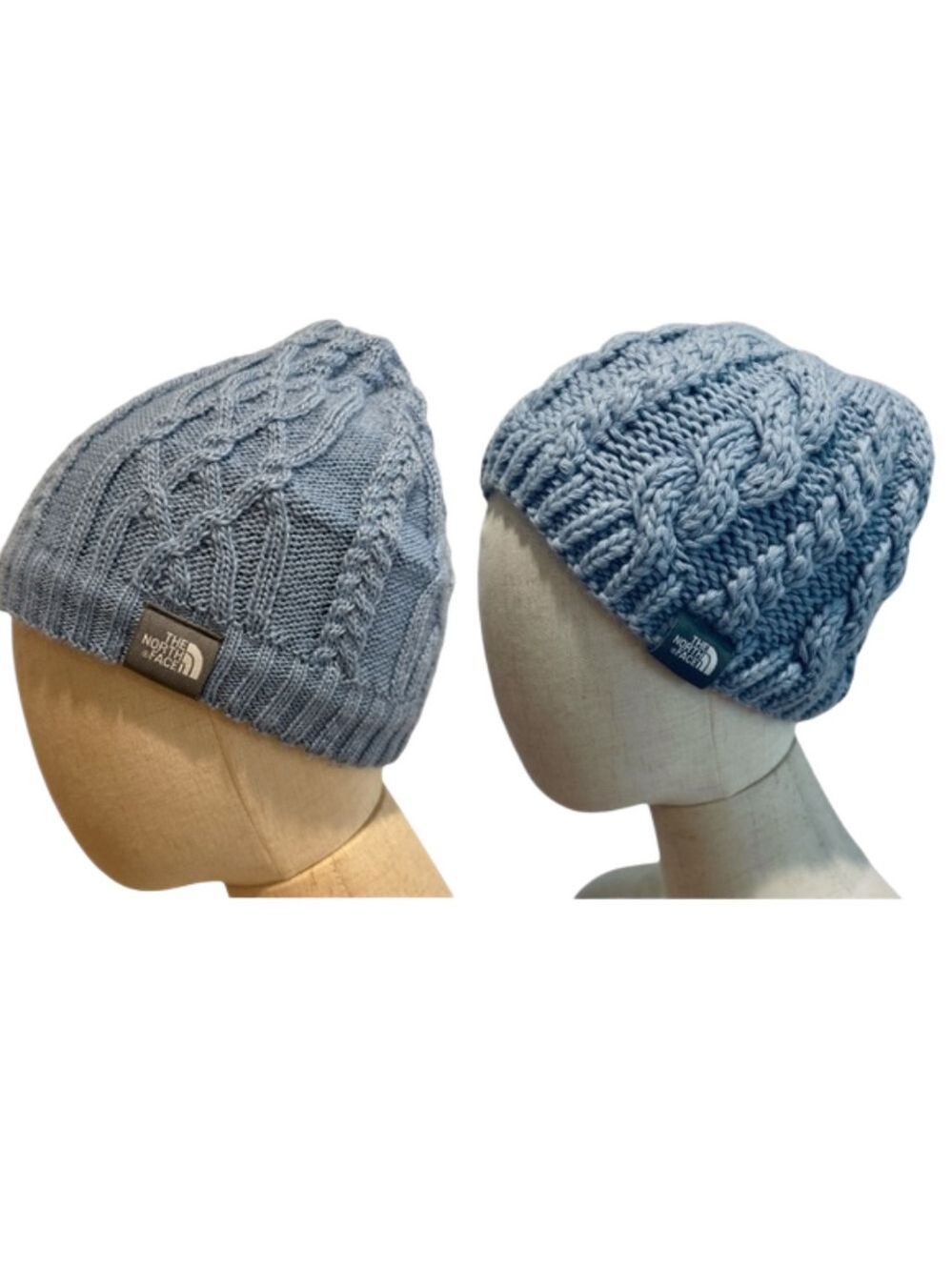 2 THE NORTH FACE WOOL BLEND LIGHT BLUE CABLE KNIT WINTER HATS SOFT WARM BEANIE